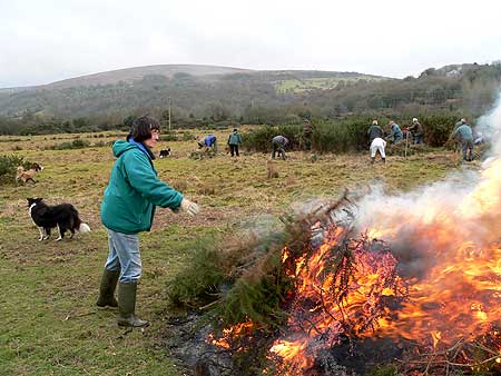 Volunteers and bonfire
