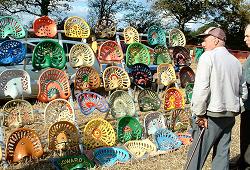 Display of colourful tractor seats
